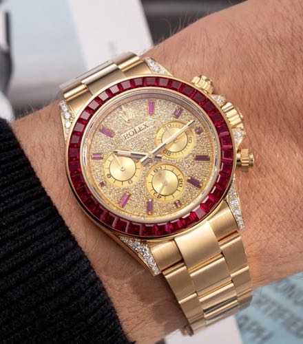 ROLEX Daytona Yellow Gold Diamond Paved Dial Baguette Rubies