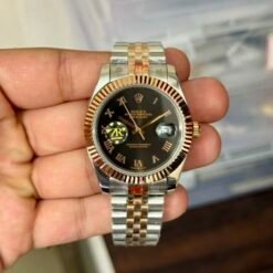 Rolex Date Just 41 Jubilee Strap Silver Rose Gold Black Dial Roman Figure