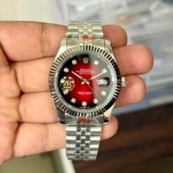 Rolex Date Just 41 Jubilee Strap Silver Ombre Red Dial Diamond Initials