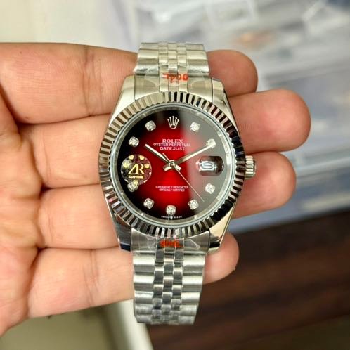 Rolex Date Just 41 Jubilee Strap Silver Ombre Red Dial Diamond Initials