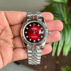 Rolex Date Just 41 Jubilee Strap Silver Ombre Red Dial Diamond Initials