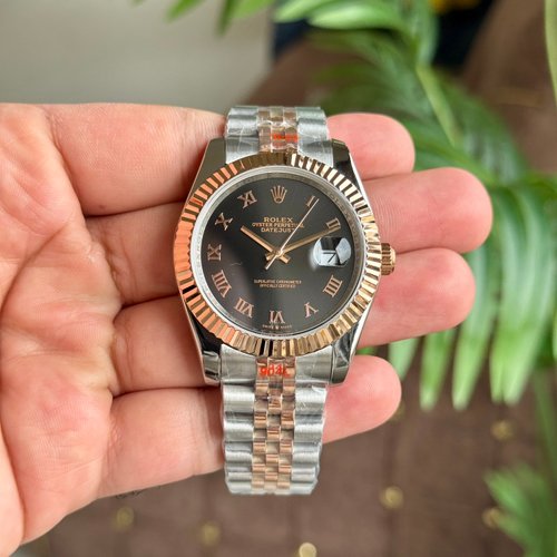 Rolex Date Just 41 Jubilee Strap Silver Rose Gold Black Dial Roman Figure
