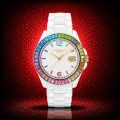 Authentic Grade Coach Greyson White Ceramic Rainbow Crystal Bezel Women s Watch